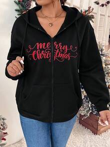 SHEIN LUNE Plus Christmas Letter Graphic Zip Up Drop Shoulder Drawstring Thermal Lined Hoodie - Black - View 3