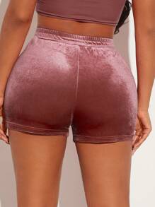 SHEIN SXY Pha lê Đồ họa Chữ cái Nhung Quần short - Gỗ đỏ - Xem 2