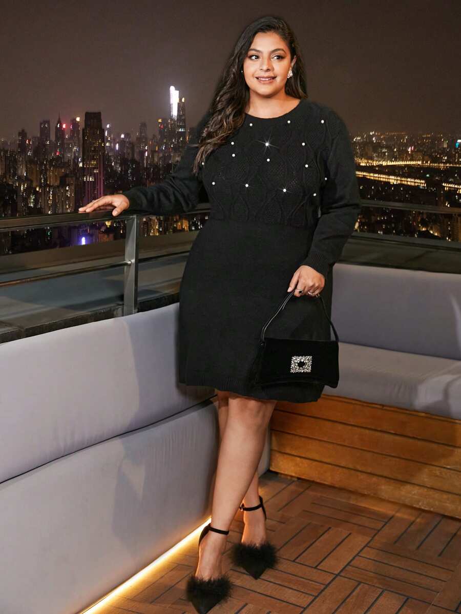 SHEIN Frenchy 大碼珍珠串珠合身毛衣洋裝