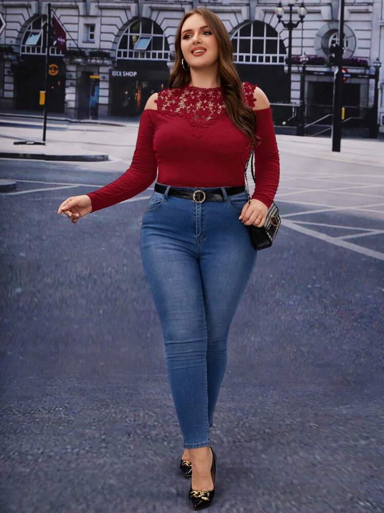 SHEIN Clasi Blusa con encaje de guipur y hombros al descubierto talla grande - Burdeos - Añade 3