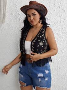 SHEIN VCAY 大尺寸幾何印花流蘇下擺背心夾克 - 黑色 - 查看 4