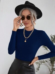 SHEIN Clasi Chất rắn Cổ giả Đồ đan Ribbed Áo len - Màu xanh hải quân - Xem 4