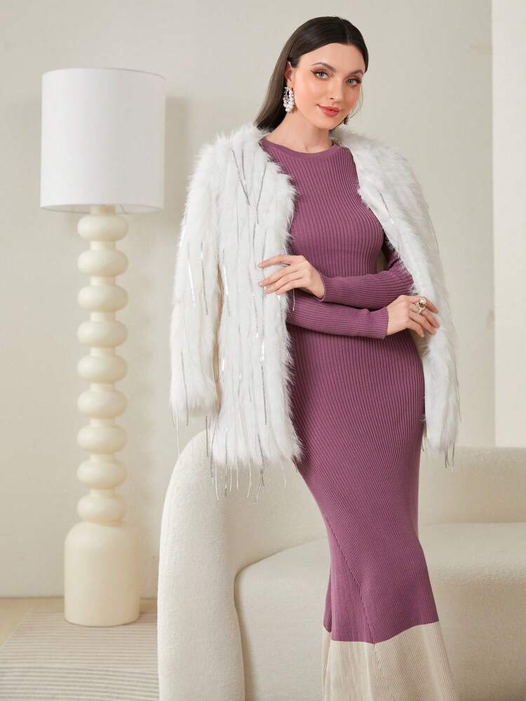 Two Tone Mermaid Hem Sweater Dress Without Belt