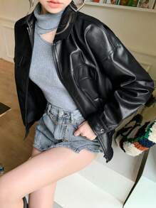 DAZY 素色落肩袖PU皮革夾克 - 黑色 - 查看 5