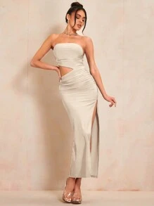 SHEIN BAE 鏤空高衩抹胸洋裝 - 杏色 - 查看 7