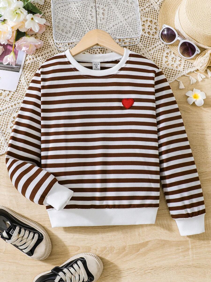 SHEIN Tween Girl Striped Print Heart Embroidery Sweatshirt - Brown - View 1