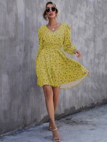 SHEIN Clasi Đầm Dải chun Họa tiết hoa Boho - Màu vàng - Xem 3