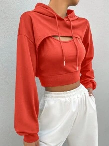 SHEIN Unity Thả vai Dây rút Vi mô Áo hoodie ngắn & Áo - Đỏ - Xem 3