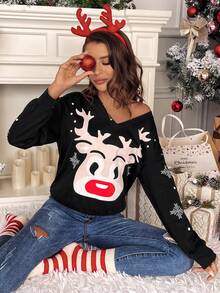 SHEIN Frenchy Christmas Elk & Snowflake Print Tee Winter Casual - Multicolor - View 3