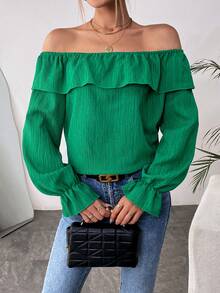 SHEIN Frenchy 一字肩荷葉袖荷葉邊襯衫 - 綠色 - 查看 6