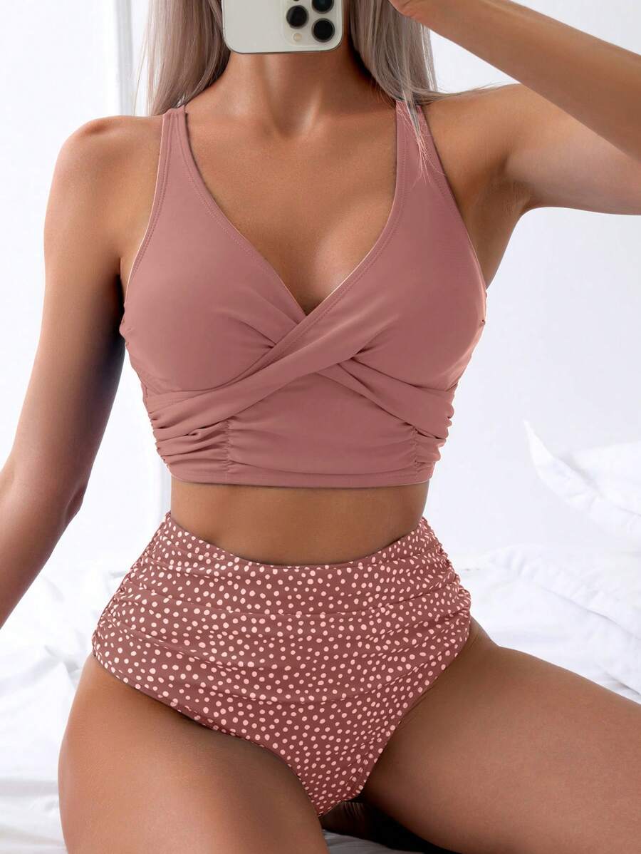 Swim Lushoire Summer Beach Dalmatian Print Twist Front Ruched High Waisted Bikini Set - Dusty Pink - View 1