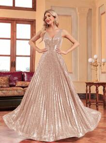 XUIBOL Plunging Neck Sequin Formal Dress