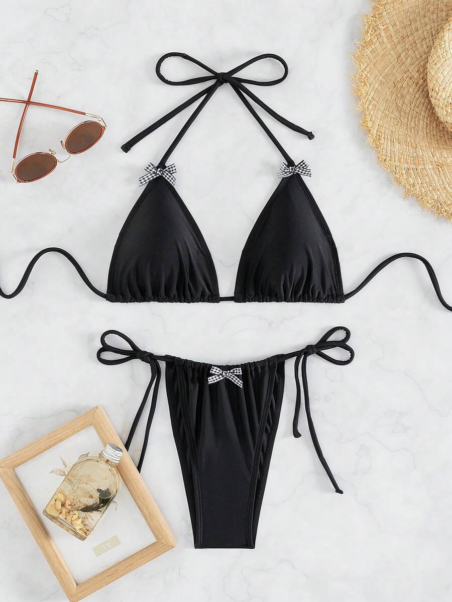 SHEIN Swim Summer Beach Women's Halter Neck Swimsuits Set - Black - View 1