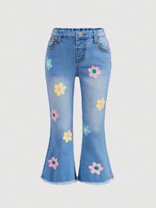 SHEIN Jong meisje Bloemenprint Onbewerkte snee Jeans met brede pijpen