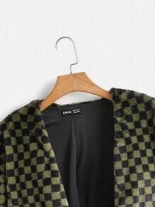 SHEIN EZwear Checker Pattern Open Front Fuzzy Coat - Army Green - View 3