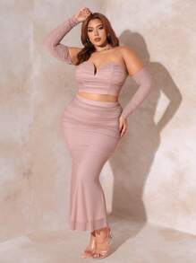 SHEIN SXY Plus Off Shoulder Ruched Mesh Top & Skirt - Dusty Pink - View 4