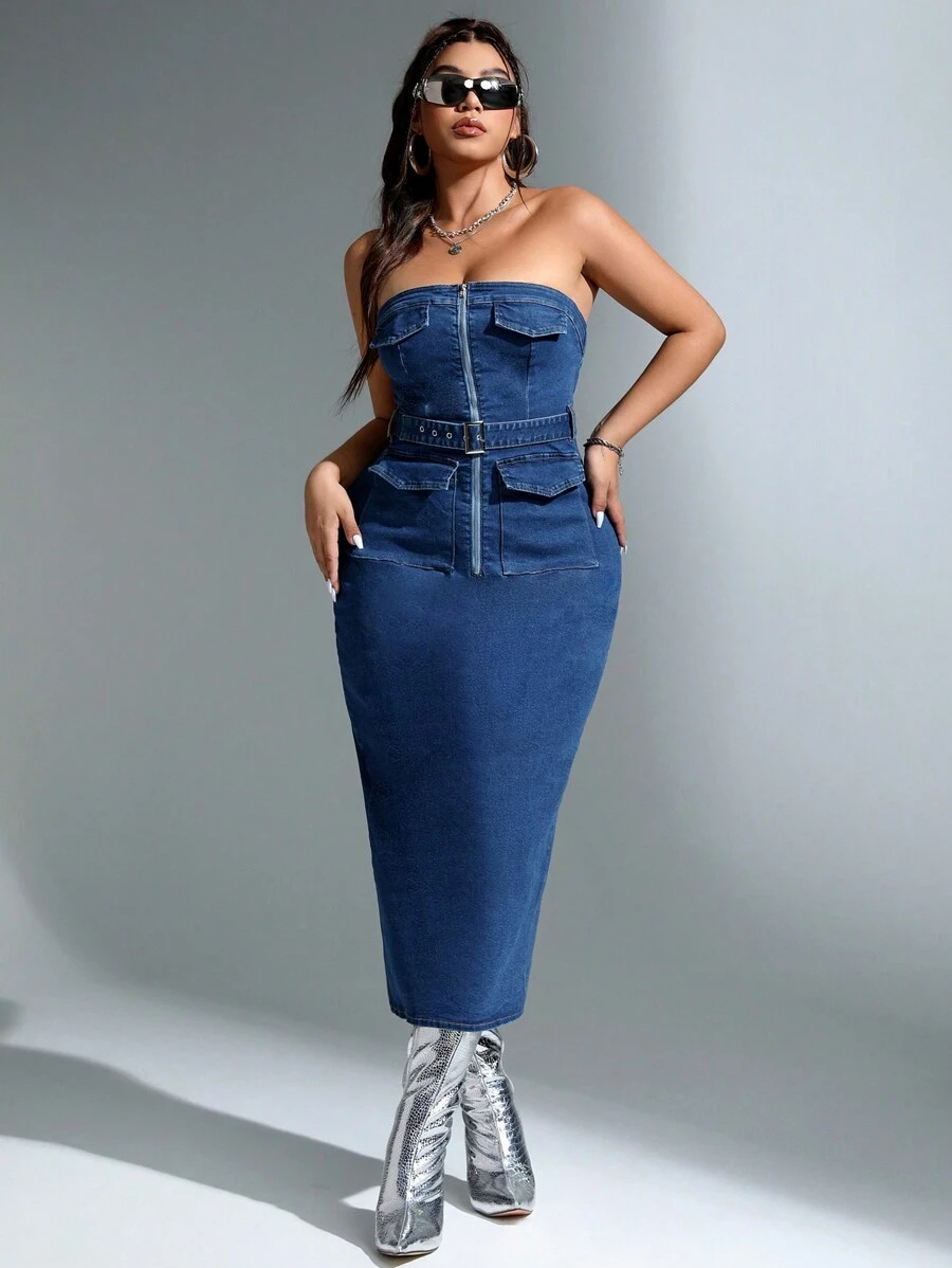 SHEIN ICON 大碼前拉鏈翻蓋口袋腰帶牛仔抹胸洋裝 - 藍色 - 查看 1