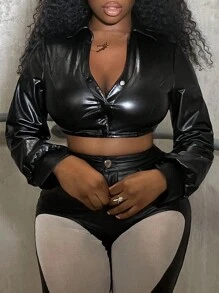 Slaydiva Button Front Crop PU Leather Shirt - Black - View 1