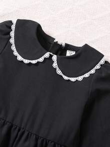 Young Girl 2pcs Contrast Lace Trim Peter Pan Collar Dress - Black - View 5