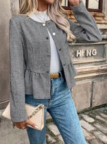 SHEIN Frenchy 人字形前紐扣荷葉邊下擺花呢外套 - 灰色 - 查看 6