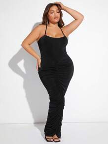 SHEIN X GiudiceGirls Plus Ruched Halter Neck Backless Dress - Black - View 1