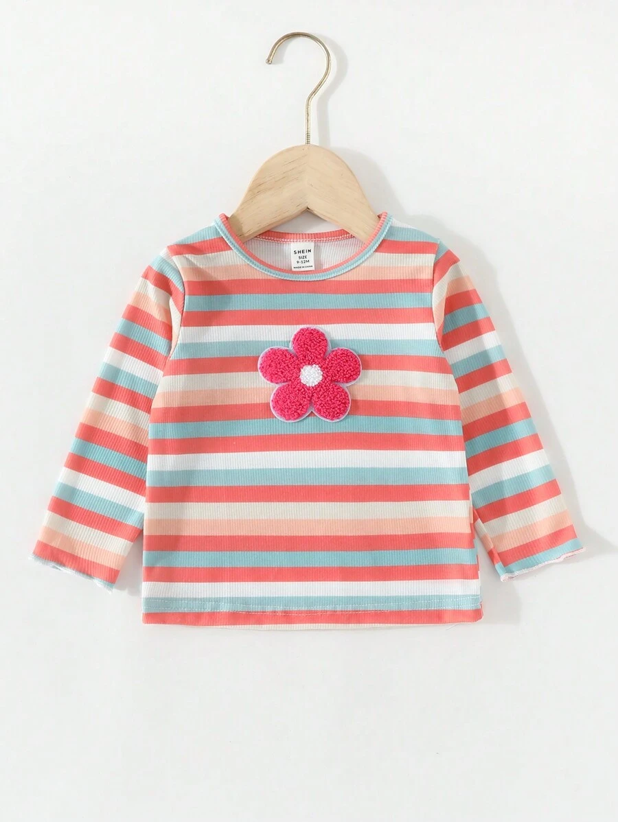 Baby Girl Floral Patched Striped Tee - Multicolor - View 1