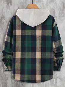 Manfinity Homme Men's Loose Fit Plaid Print Hooded Shirt Without Tee, Drawstring Detail - Green - View 2