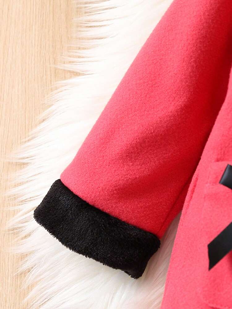 Baby Girl Contrast Trim Bow Front Dual Pocket Hooded Overcoat