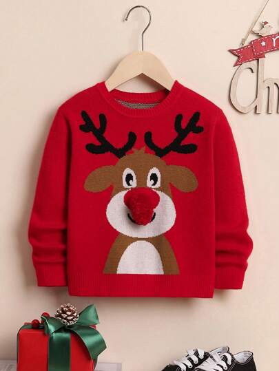 SHEIN 1 pieza Suéter con estampado de alce navideño para niño pequeño
