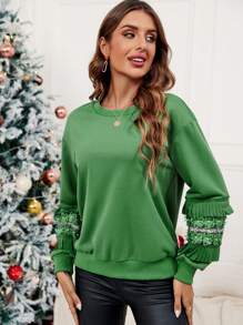 SHEIN Clasi Solid Drop Shoulder Floral Embroidery Detail Sweatshirt - Green - View 5