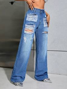 SHEIN ICON 破洞闊腿牛仔褲 - 藍色 - 查看 3