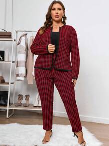 SHEIN Clasi Plus Houndstooth Print Open Front Jacket & Pants - Red - View 4