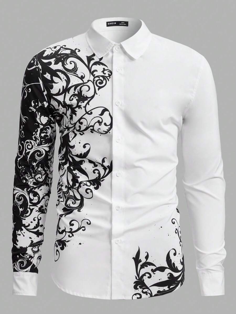 GENTILAND 寬鬆版型男士巴洛克印花襯衫 - 白色 - 查看 1