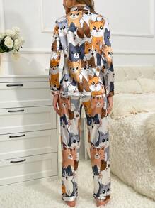 Cartoon Graphic Contrast Piping Satin PJ Set / Pajama Set - Multicolor - View 2