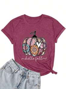 SHEIN EZwear 1pc Pumpkin & Letter Graphic Tee - Burgundy - View 1