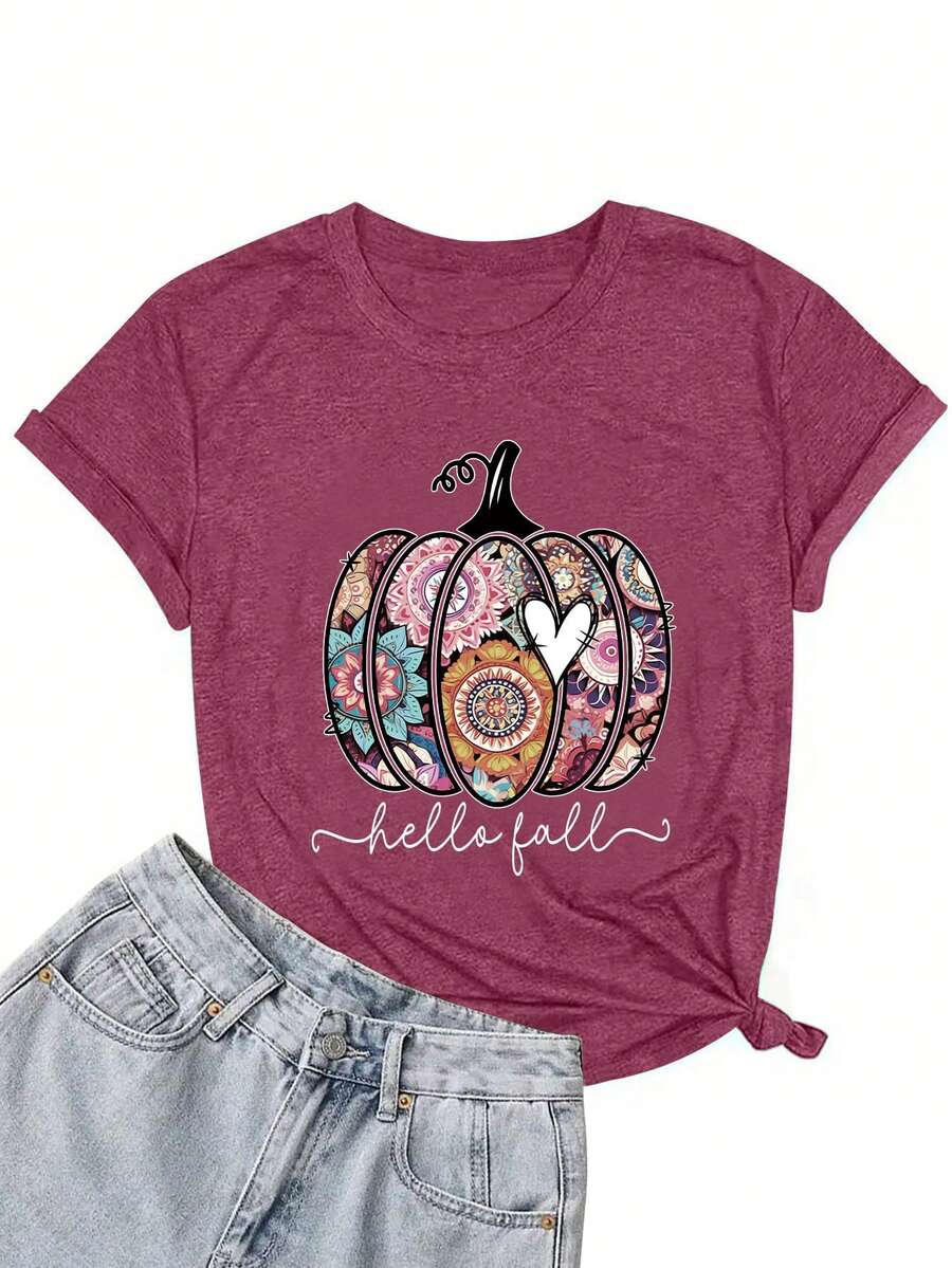 SHEIN EZwear 1pc Pumpkin & Letter Graphic Tee - Burgundy - View 1