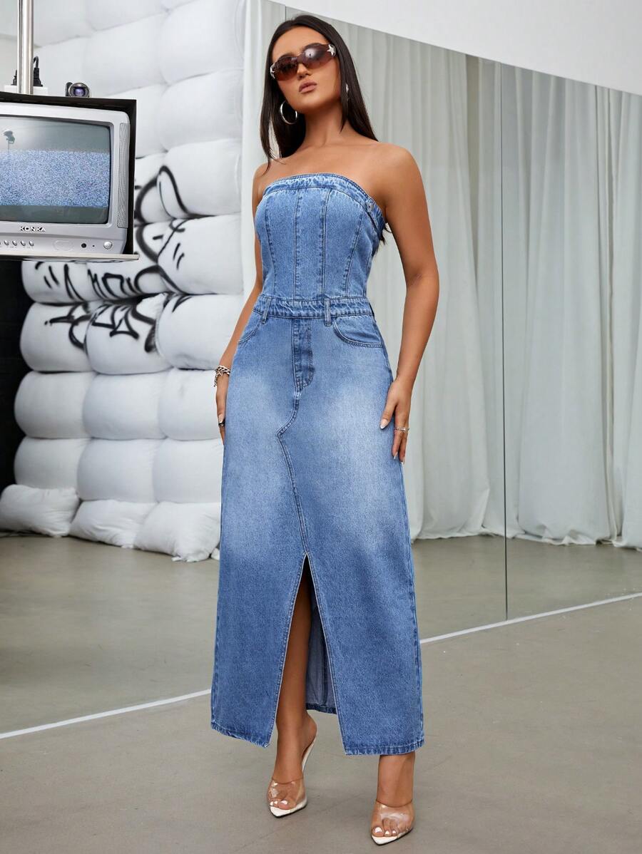 SHEIN EZwear Women'S Denim Bandeau Slit Dress - Medium Wash - View 1