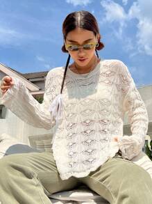 SHEIN Unity Solid Drop Shoulder Pointelle Knit Pullover Fall Winter Sweater - Apricot - View 3