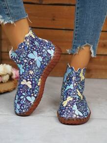 Ladies' Blue Floral Ankle Boots And Short Boots - Blue - View 2