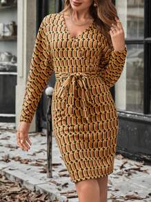 SHEIN Clasi Allover Print Batwing Sleeve Belted Dress - Multicolor - View 1