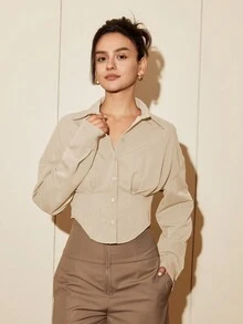 Áo sơ mi nữ tay dài màu trơn thắt eo thanh lịch, áo sơ mi cài nút thường ngày, xuân/thu - Màu be - Xem 6