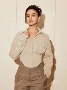 Women Solid Color Long Sleeve Waist Cinched Elegant Blouse, Casual Daily Button Down Shirt, Spring/Autumn