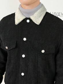 Manfinity VCAY Men Borg Collar Flap Detail Corduroy Jacket, For Fall Winter - Black and White - View 4