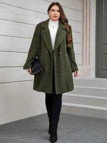 SHEIN Clasi Plus Lapel Neck Double Breasted Teddy Coat - Army Green - View 4