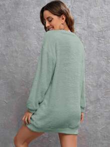 SHEIN LUNE Vestido sudadera unicolor de hombros caídos teddy - verde menta - Ver 2