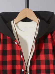 SHEIN 男大童1入組格紋印花連帽襯衫適用於聖誕 - 紅色 - 查看 6