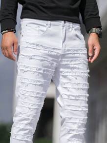 Manfinity Homme Nam Chất rắn Rách Frayed Quần jean ôm - trắng - Xem 8