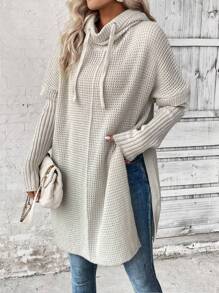 LanaWest Batwing Sleeve Drawstring Hooded Split Hem Sweater,Ladies Late Fall Casual Drawstring,Split Long Sleeve Loose Light Grey Batwing Sleeve Pullovers Women Sweaters,Long Sleeve Tops Knit Pullover Fall Winter Outfit - Light Grey - View 1