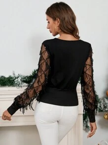 SHEIN Privé 拼接網紗袖上衣 - 黑色 - 查看 2