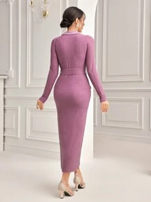 Modelyn Chi tiết về Flap Thắt lưng Váy len bó sát - Bụi hồng - Xem 2